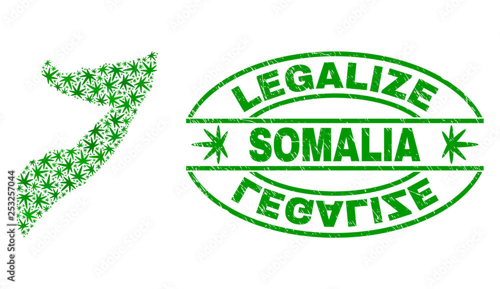 Vector cannabis Somalia map collage and grunge textured Legalize stamp seal. Concept with green weed leaves. Template for cannabis legalize campaign.
