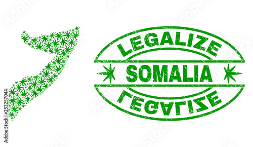Vector cannabis Somalia map collage and grunge textured Legalize stamp seal. Concept with green weed leaves. Template for cannabis legalize campaign.