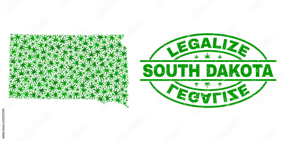 Vector cannabis South Dakota State map mosaic and grunge textured Legalize stamp seal. Concept with green weed leaves. Concept for cannabis legalize campaign.