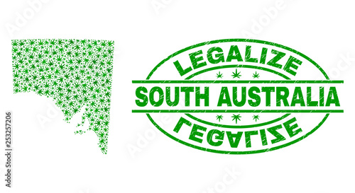 Vector cannabis South Australia map collage and grunge textured Legalize stamp seal. Concept with green weed leaves. Concept for cannabis legalize campaign.
