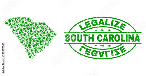 Vector cannabis South Carolina State map collage and grunge textured Legalize stamp seal. Concept with green weed leaves. Template for cannabis legalize campaign.