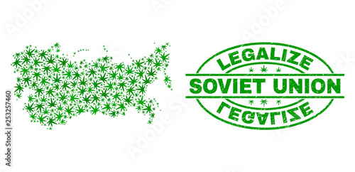 Vector cannabis Soviet Union map collage and grunge textured Legalize stamp seal. Concept with green weed leaves. Concept for cannabis legalize campaign.