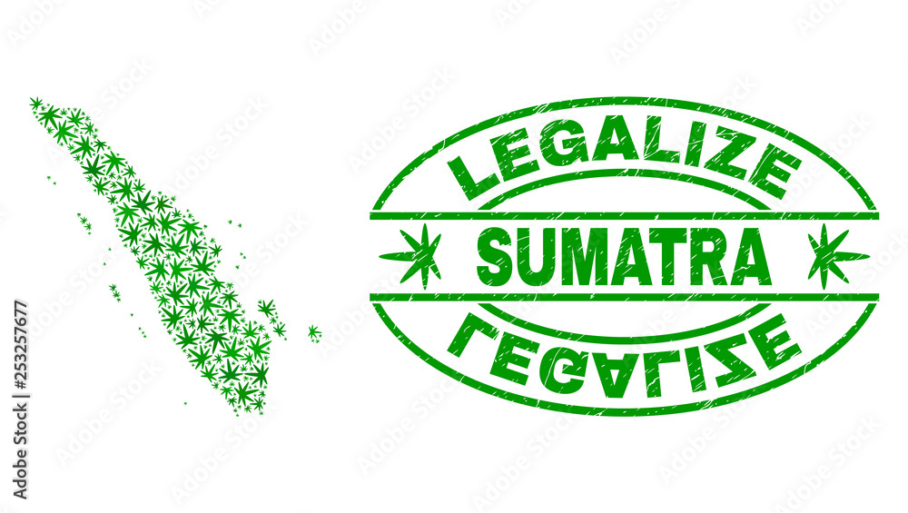 Vector marijuana Sumatra map mosaic and grunge textured Legalize stamp seal. Concept with green weed leaves. Concept for cannabis legalize campaign.