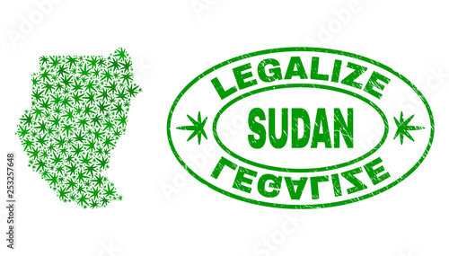 Vector cannabis Sudan map collage and grunge textured Legalize stamp seal. Concept with green weed leaves. Concept for cannabis legalize campaign. Vector Sudan map is composed with weed leaves.