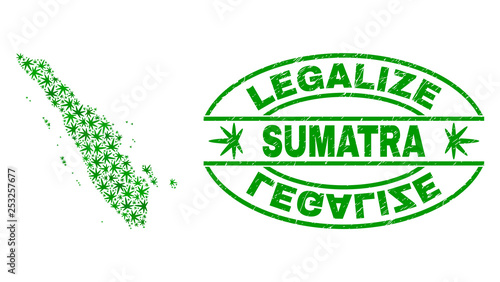 Vector marijuana Sumatra map mosaic and grunge textured Legalize stamp seal. Concept with green weed leaves. Concept for cannabis legalize campaign.