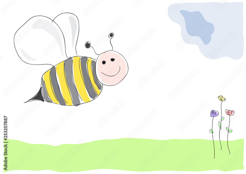 bee on flowers, vector illustration drawing made by a child style. Spring concept