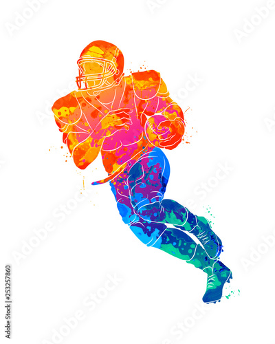 Abstract running American football player from splash of watercolors