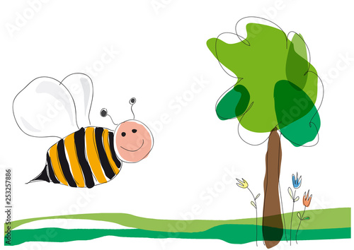bee on flowers, vector illustration drawing made by a child style. Spring concept