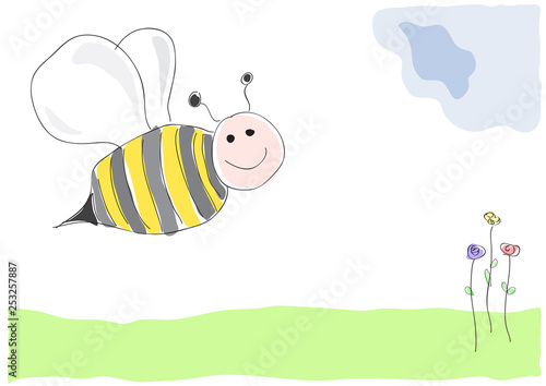 bee on flowers  vector illustration drawing made by a child style. Spring concept