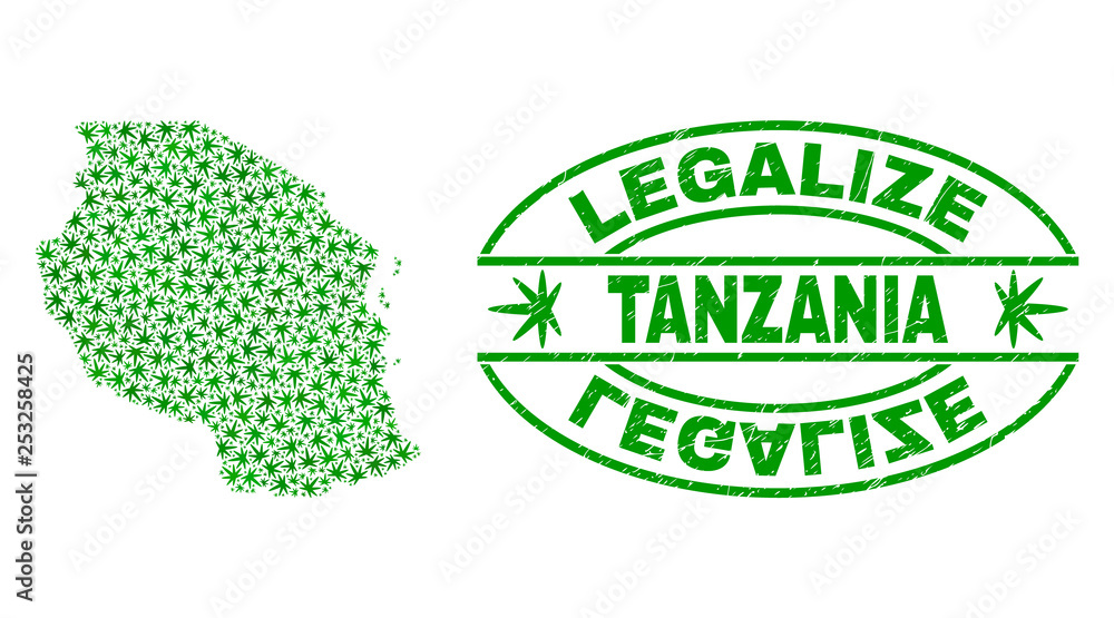 Vector cannabis Tanzania map mosaic and grunge textured Legalize stamp seal. Concept with green weed leaves. Concept for cannabis legalize campaign.