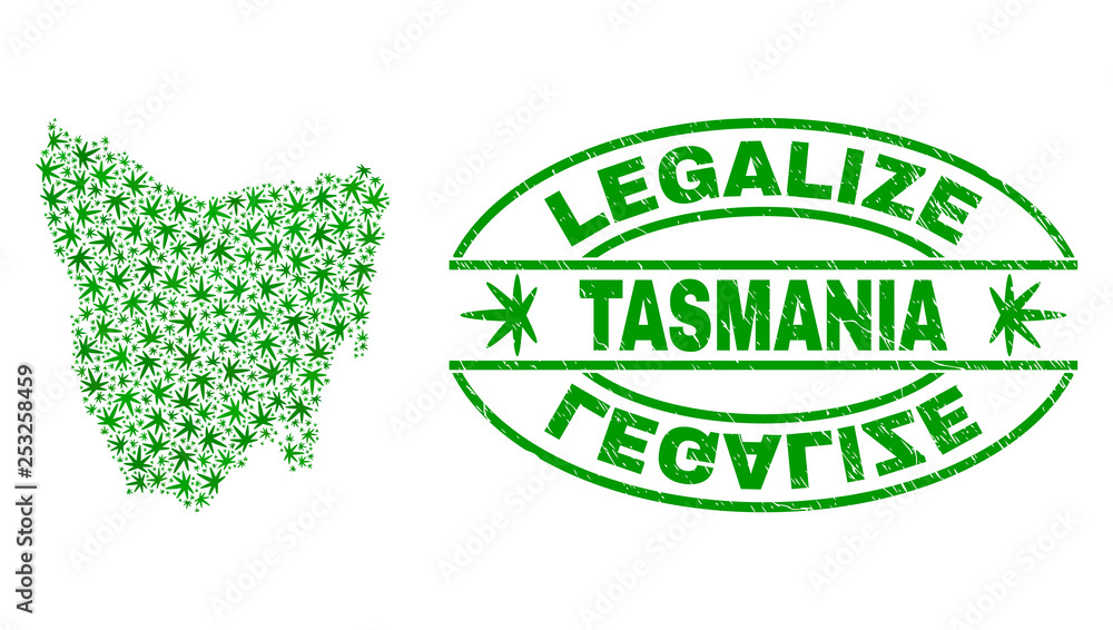 Vector marijuana Tasmania Island map mosaic and grunge textured Legalize stamp seal. Concept with green weed leaves. Concept for cannabis legalize campaign.