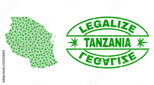 Vector cannabis Tanzania map mosaic and grunge textured Legalize stamp seal. Concept with green weed leaves. Concept for cannabis legalize campaign.