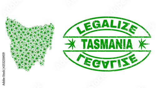 Vector marijuana Tasmania Island map mosaic and grunge textured Legalize stamp seal. Concept with green weed leaves. Concept for cannabis legalize campaign.