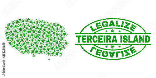 Vector cannabis Terceira Island map mosaic and grunge textured Legalize stamp seal. Concept with green weed leaves. Concept for cannabis legalize campaign.