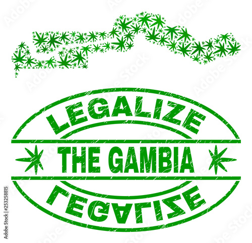 Vector cannabis the Gambia map mosaic and grunge textured Legalize stamp seal. Concept with green weed leaves. Concept for cannabis legalize campaign.