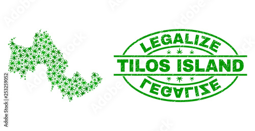 Vector cannabis Tilos Island map collage and grunge textured Legalize stamp seal. Concept with green weed leaves. Concept for cannabis legalize campaign.
