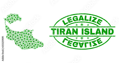 Vector marijuana Tiran Island map mosaic and grunge textured Legalize stamp seal. Concept with green weed leaves. Concept for cannabis legalize campaign.