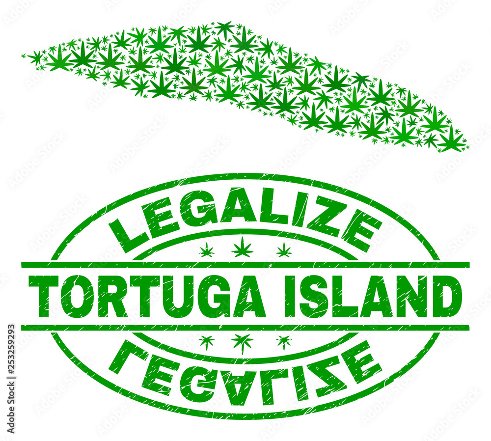 Vector cannabis Tortuga Island of Haiti map mosaic and grunge textured Legalize stamp seal. Concept with green weed leaves. Concept for cannabis legalize campaign.