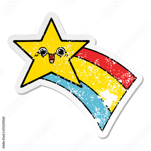 distressed sticker of a cute cartoon shooting rainbow star