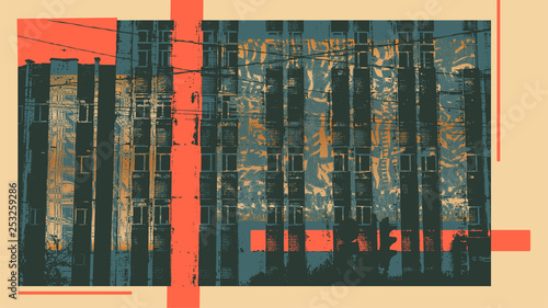 Decorative background with cityscape and grunge textures. retro style. vector illustration