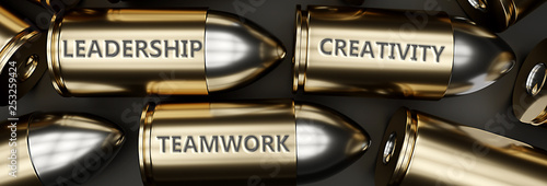 Business leadership, creativity, teamwork, importance of a leadership symbolized as bullets with words to picture unique role of creativity, management and teamwork in a corporation, 3d illustration