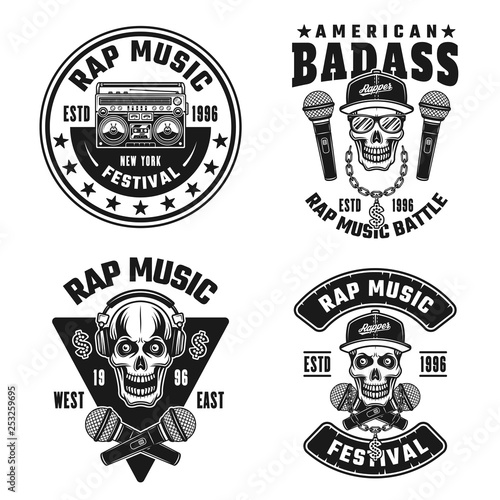 Rap and hip-hop set of four vector black emblems