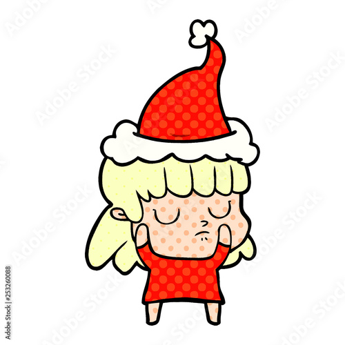 comic book style illustration of a indifferent woman wearing santa hat