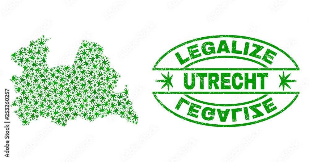Vector cannabis Utrecht Province map collage and grunge textured Legalize stamp seal. Concept with green weed leaves. Concept for cannabis legalize campaign.