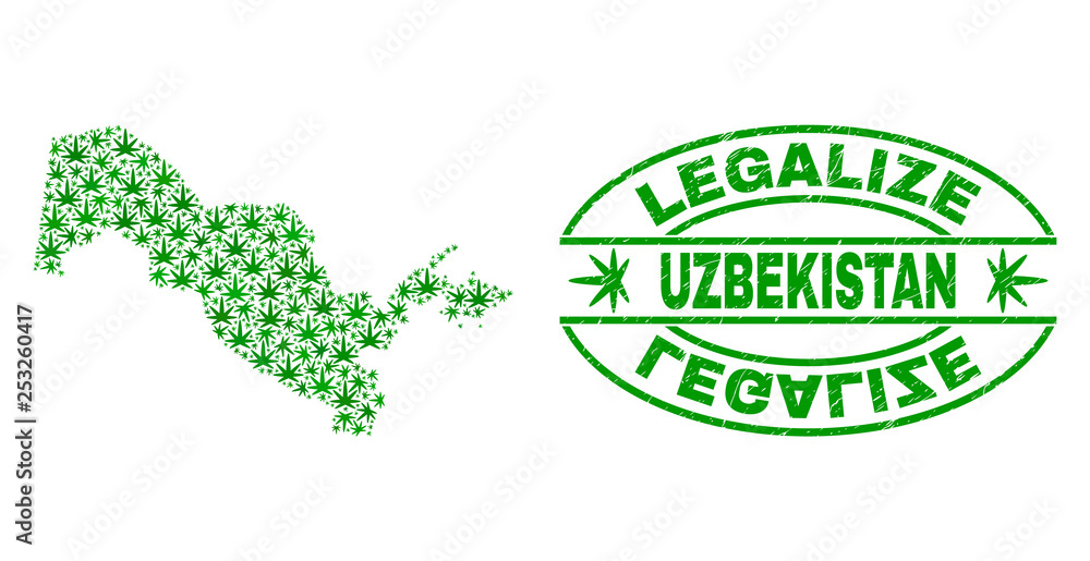 Vector cannabis Uzbekistan map mosaic and grunge textured Legalize stamp seal. Concept with green weed leaves. Concept for cannabis legalize campaign.