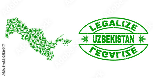 Vector cannabis Uzbekistan map mosaic and grunge textured Legalize stamp seal. Concept with green weed leaves. Concept for cannabis legalize campaign.