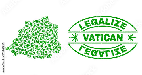 Vector marijuana Vatican map collage and grunge textured Legalize stamp seal. Concept with green weed leaves. Concept for cannabis legalize campaign.