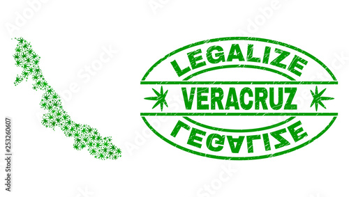 Vector cannabis Veracruz State map collage and grunge textured Legalize stamp seal. Concept with green weed leaves. Concept for cannabis legalize campaign.