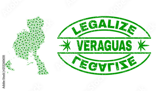 Vector cannabis Veraguas Province map mosaic and grunge textured Legalize stamp seal. Concept with green weed leaves. Concept for cannabis legalize campaign.