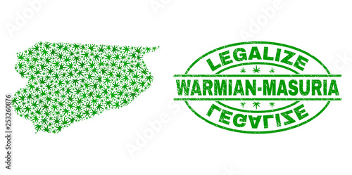 Vector cannabis Warmian-Masurian Voivodeship map mosaic and grunge textured Legalize stamp seal. Concept with green weed leaves. Template for cannabis legalize campaign.