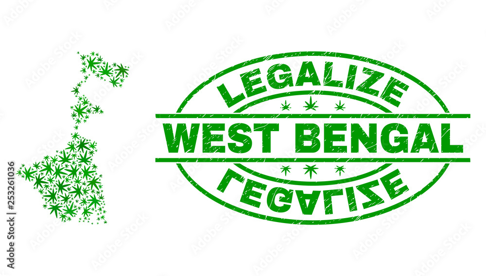 Vector cannabis West Bengal State map collage and grunge textured Legalize stamp seal. Concept with green weed leaves. Concept for cannabis legalize campaign.