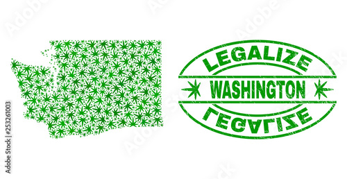 Vector cannabis Washington State map collage and grunge textured Legalize stamp seal. Concept with green weed leaves. Concept for cannabis legalize campaign.