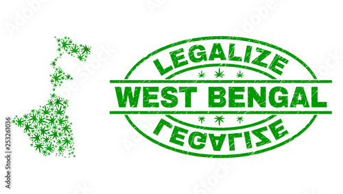 Vector cannabis West Bengal State map collage and grunge textured Legalize stamp seal. Concept with green weed leaves. Concept for cannabis legalize campaign.
