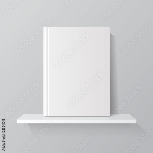 White book on bookshelf. Empty blank book cover vector mockup on library shelf