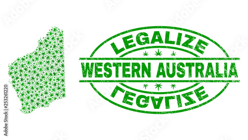 Vector marijuana Western Australia map collage and grunge textured Legalize stamp seal. Concept with green weed leaves. Concept for cannabis legalize campaign.