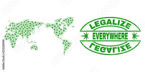 Vector cannabis world map mosaic and grunge textured Legalize stamp seal. Concept with green weed leaves. Concept for cannabis legalize campaign. Vector world map is composed with cannabis leaves.