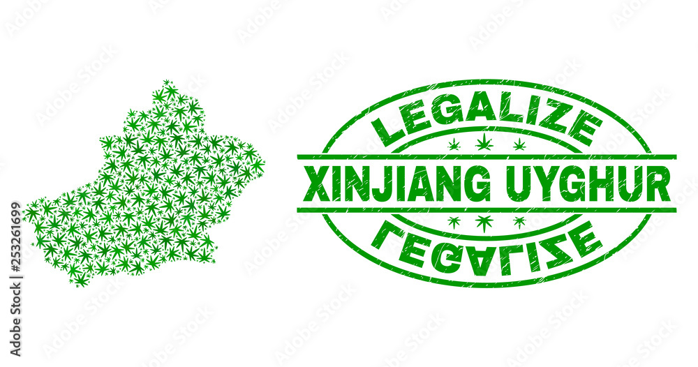 Vector cannabis Xinjiang Uyghur Region map mosaic and grunge textured Legalize stamp seal. Concept with green weed leaves. Concept for cannabis legalize campaign.