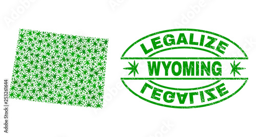 Vector cannabis Wyoming State map mosaic and grunge textured Legalize stamp seal. Concept with green weed leaves. Concept for cannabis legalize campaign.