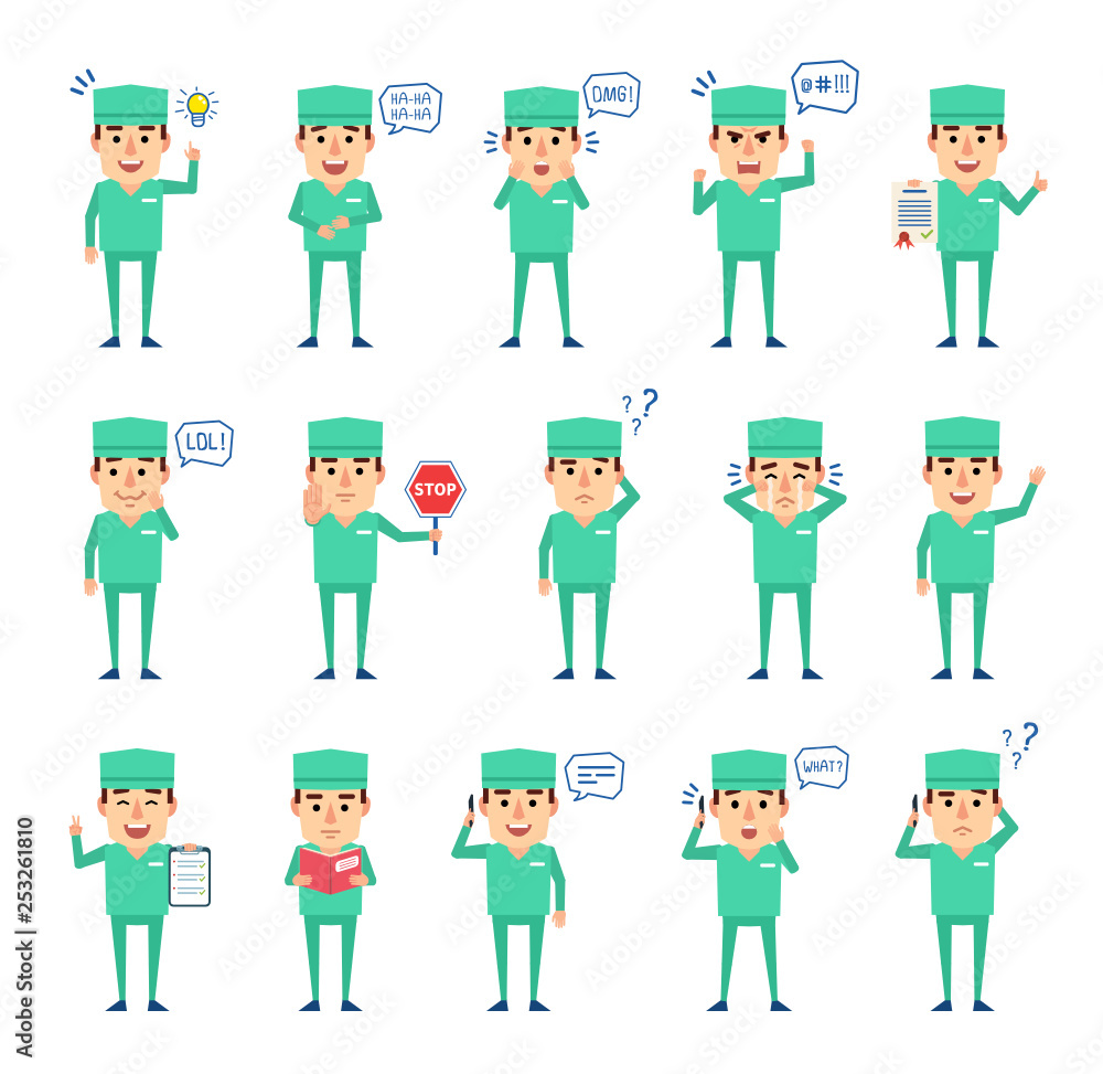 Set of doctor characters showing various actions. Cheerful doctor talking on phone, holding stop sign, thinking and showing other actions. Flat design vector illustration Set of doctor characters showing various actions. Cheerful doctor talking on phone, holding stop sign, thinking and showing other actions. Flat design vector illustration