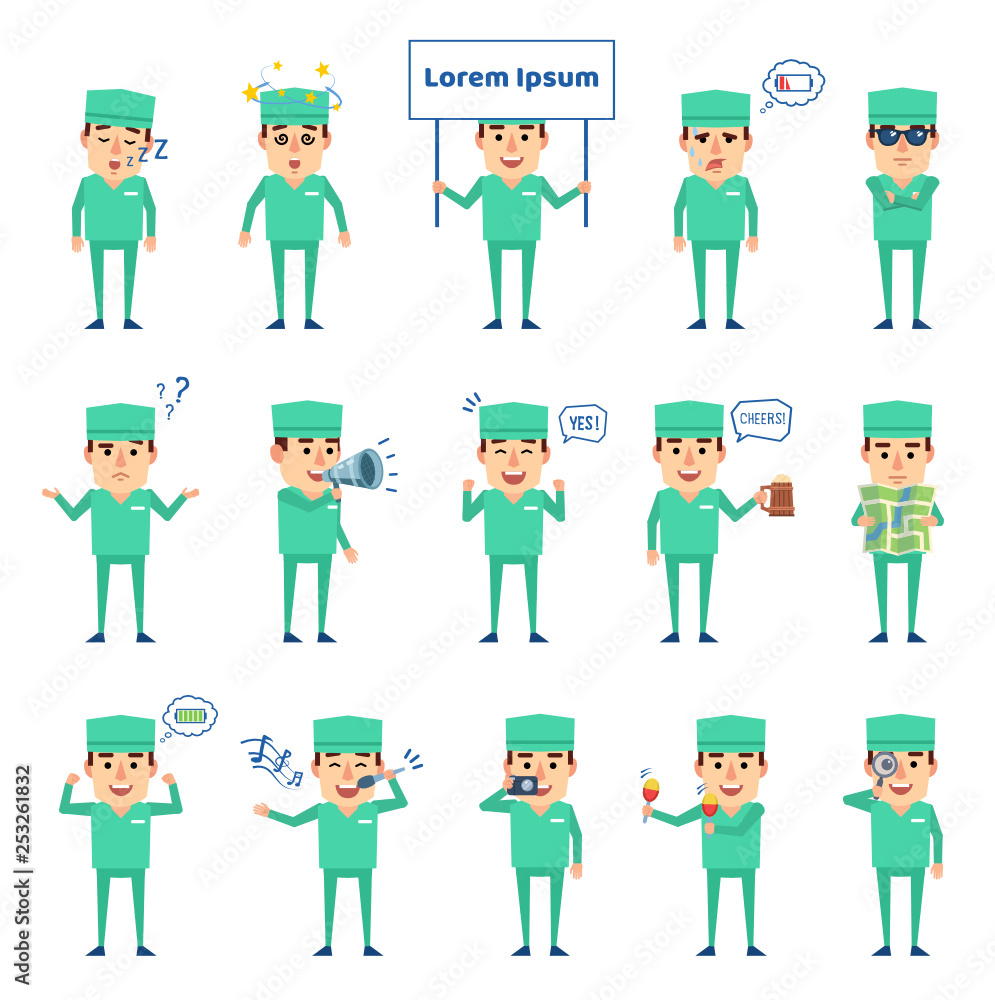 Set of doctor characters showing diverse actions. Cheerful doctor singing, holding signboard, loudspeaker and showing other actions. Flat design vector illustration Set of doctor characters showing diverse actions. Cheerful doctor singing, holding signboard, loudspeaker and showing other actions. Flat design vector illustration