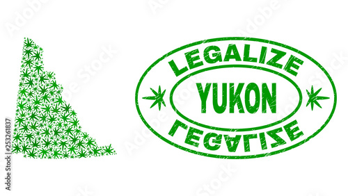 Vector cannabis Yukon Province map mosaic and grunge textured Legalize stamp seal. Concept with green weed leaves. Template for cannabis legalize campaign.