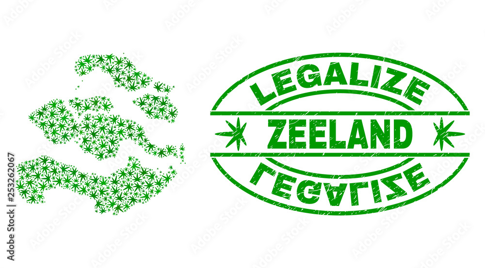 Vector cannabis Zeeland Province map mosaic and grunge textured Legalize stamp seal. Concept with green weed leaves. Concept for cannabis legalize campaign.