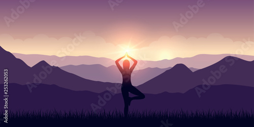 girl makes yoga with mountain view purple landscape and sunshine vector illustration EPS10