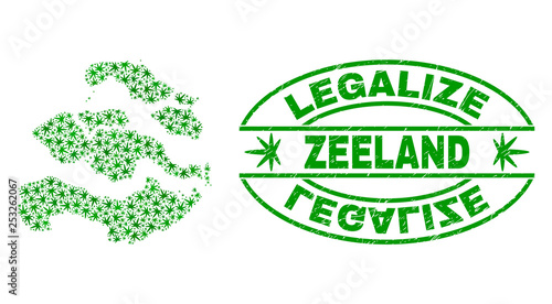 Vector cannabis Zeeland Province map mosaic and grunge textured Legalize stamp seal. Concept with green weed leaves. Concept for cannabis legalize campaign.