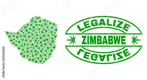 Vector cannabis Zimbabwe map mosaic and grunge textured Legalize stamp seal. Concept with green weed leaves. Concept for cannabis legalize campaign.