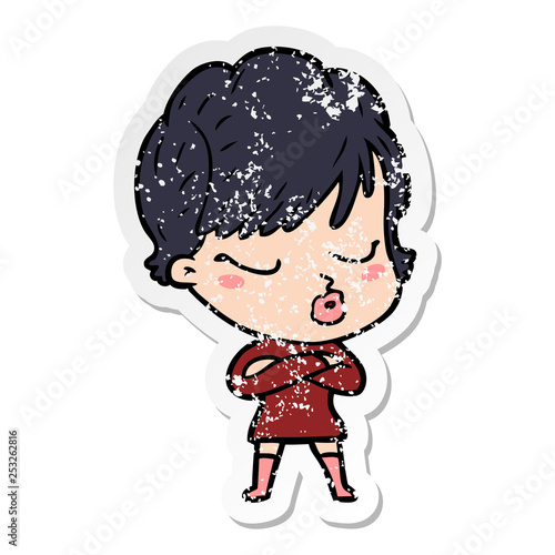 distressed sticker of a cartoon woman with eyes shut